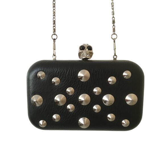 None Handbags - Cross Body Clutch Purse Black Skull Rhinestone Studded W Removable Handle Strap